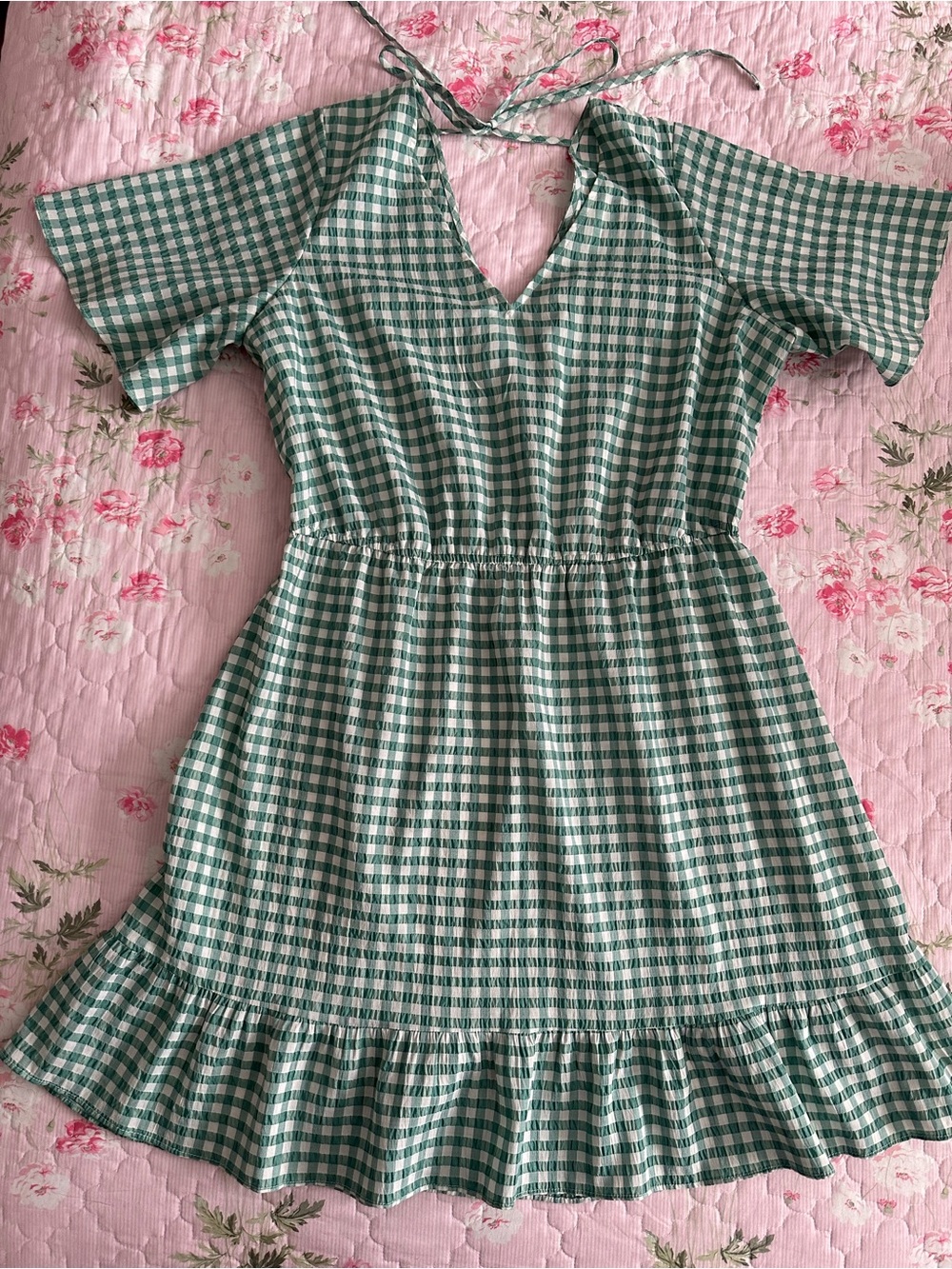 LOFT Green Gingham V-Neck Mini Dress with Ruffle Hem